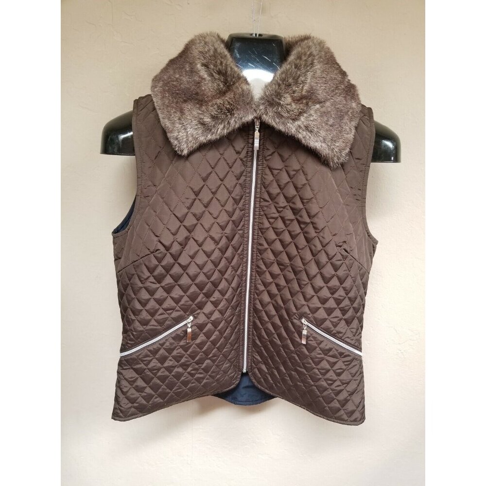 Pour Partir Womens Zip Faux Fur Collar Quilted Vest Pockets Brown Casual Outdoor